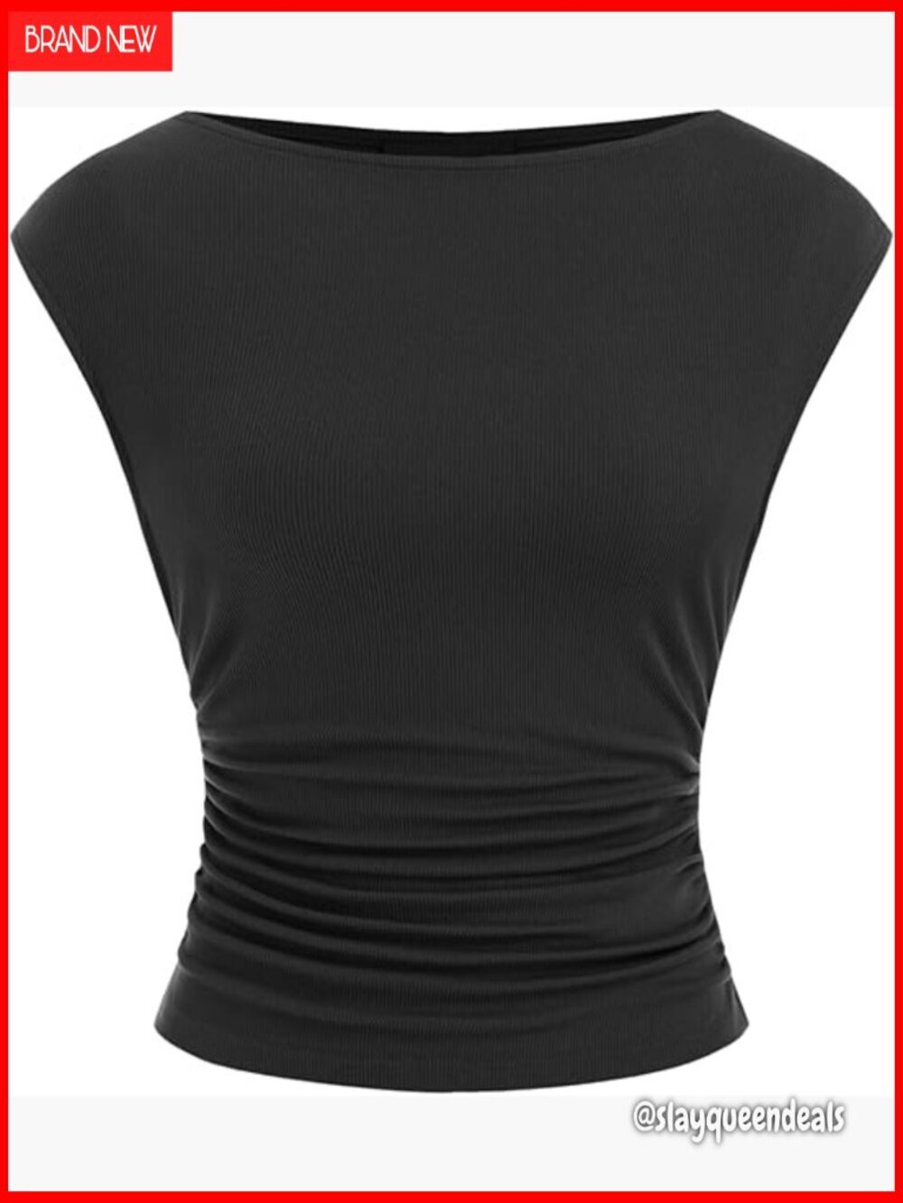 Sleeveless Crop Tank Top Slim Fit Ruched Boat Neck Summer Casual
